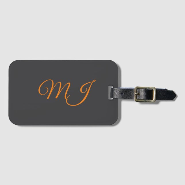 Kalligrafi grå orange monogram namn initial bagagebricka (Framsida horisontal)