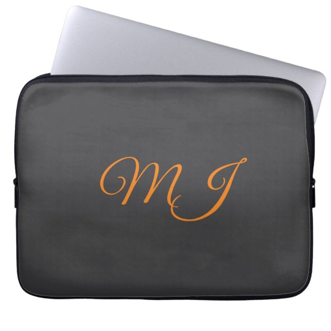 Kalligrafi grå orange monogram namn initial laptop fodral (Framsidan)
