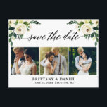 Kalligrafi Grön Blommig Spara Datum 3 Foto Meddelande Vykort<br><div class="desc">Modern Kalligrafi Skrift,  Vattenfärg Grön Vit Blomma,  Spara Datum Förlovningsannons Paret 3 Foto Vykort</div>