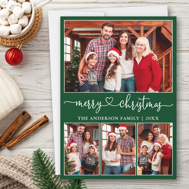 Kalligrafi Heart 4 Photo God jul Grönt Julkort (Customize to add text to back of card or to change background color of card.)