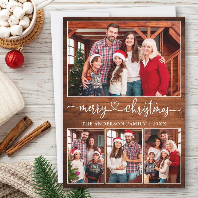 Kalligrafi Heart 4 Photo Wood God jul Julkort (Customize to add text to back of card.)