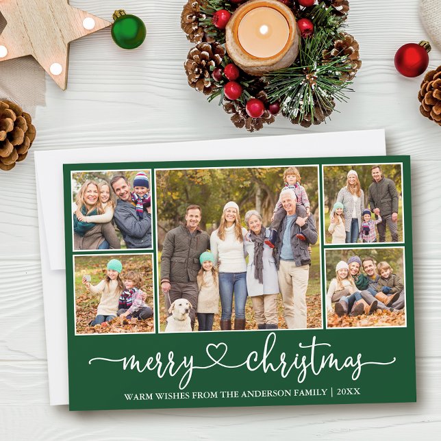 Kalligrafi Heart 5 Photo God jul Grönt Julkort (Customize to add text to back of card or to change background color of card.)