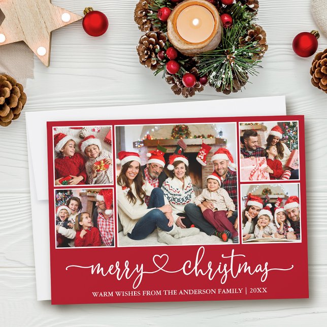 Kalligrafi Heart 5 Photo God jul Red Julkort (Customize to add text to back of card or to change background color of card.)