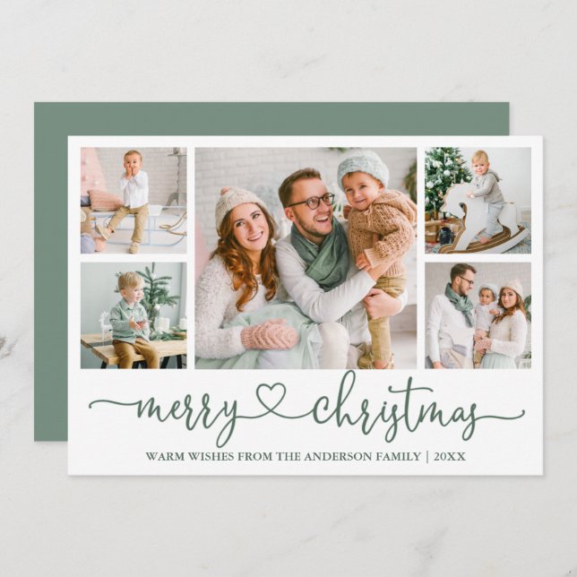 Kalligrafi Heart 5 Photo Julsedel Grönt Julkort (Fram/baksida)