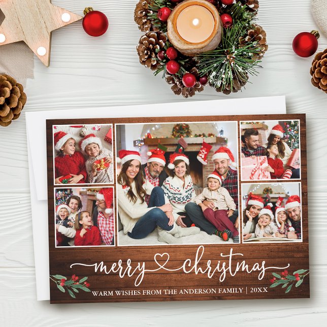 Kalligrafi Heart 5 Photo Wood jul Holly Julkort (Customize to add text to back of card.)