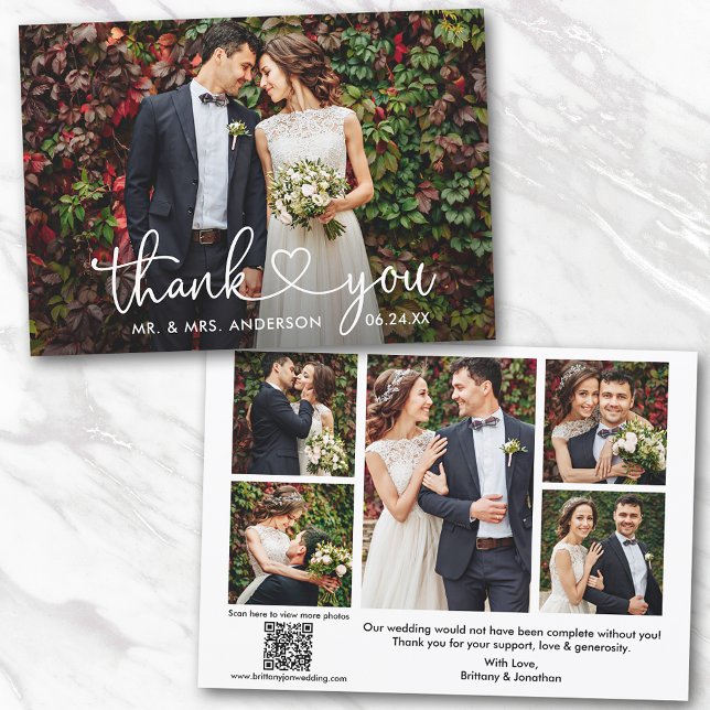 Kalligrafi Heart 6 Foton QR Bröllop Tack Kort (Add your wedding website link to the QR Code so guests can scan & view more of your photos online.)