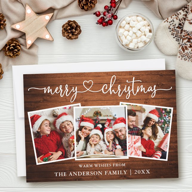 Kalligrafi Heart God jul Wood 3 Photo Julkort (Customize to add text to back of card.)