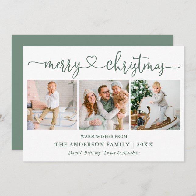 Kalligrafi Heart jul 3 Photo Sage Grönt Julkort (Fram/baksida)