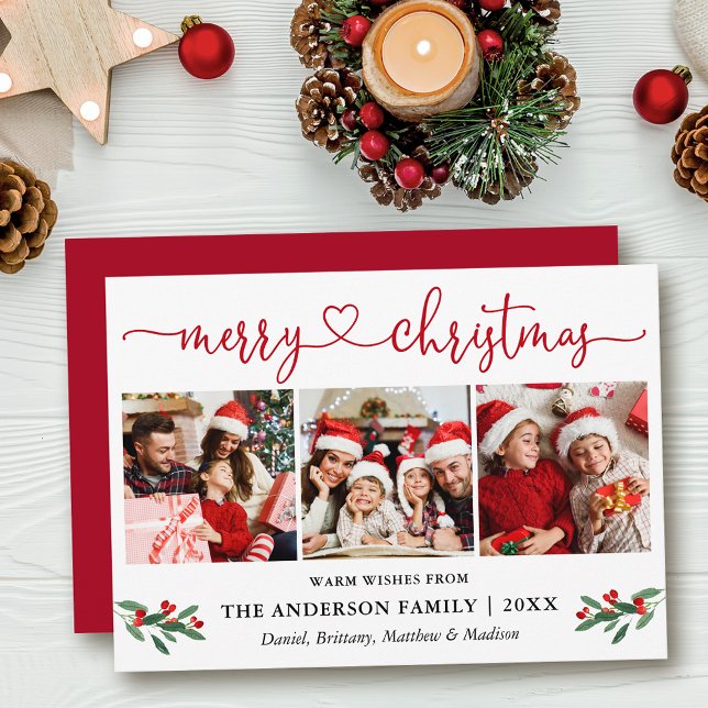 Kalligrafi Heart jul Holly 3 Photo Red Julkort (Customize to add text to back of card or to change color of  back of card.)