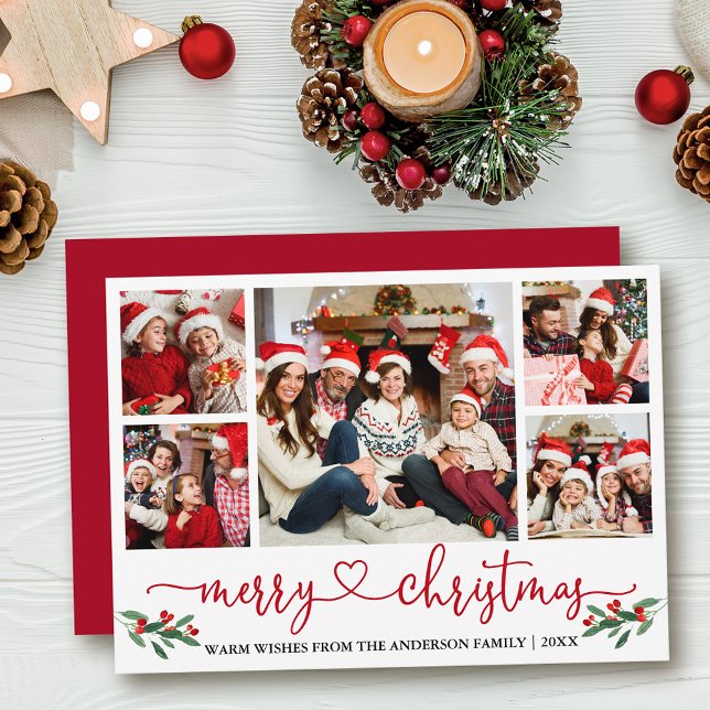 Kalligrafi Heart jul Holly 5 Photo Red Julkort (Customize to add text to back of card or to change color of  back of card.)