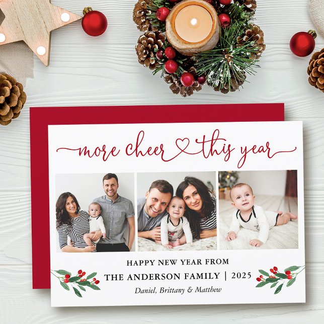 Kalligrafi Heart more Cheer Holly 3 Photo Red Julkort (Customize to add text to back of card.)