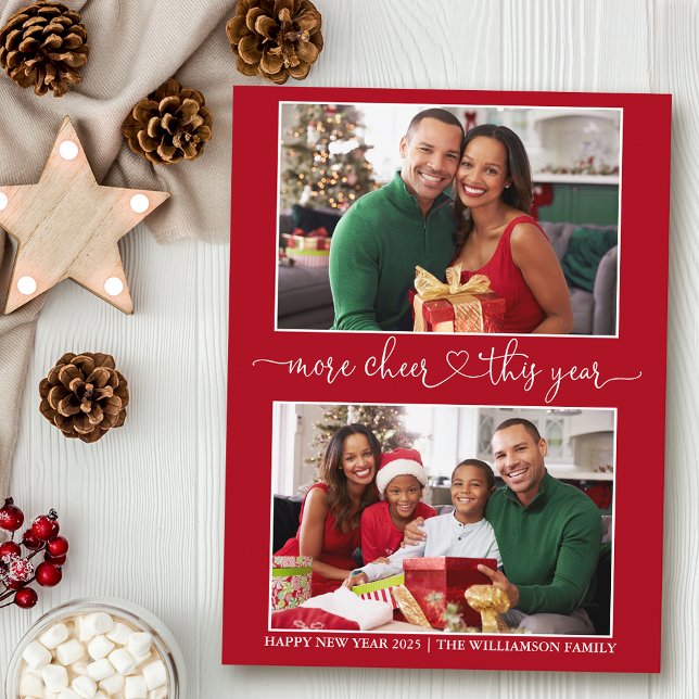 Kalligrafi Heart More Cheer Red 2 Photo Helgdag Vykort (Customize to change your personalized text size or text style.)