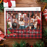 Kalligrafi Heart Play 3 Fotojul Lastbil Vykort<br><div class="desc">Modern kalligrafi Heart Script 3 Photo Family Photo Collage Rustic Red Buffalo Play God jul-kort - Watercolor Vintage Red Lastbil med Julgran</div>