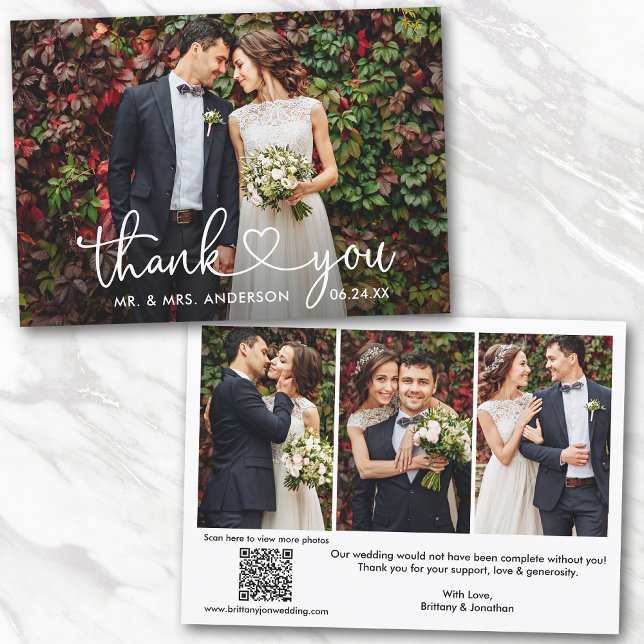 Kalligrafi Heart QR kod 4 Foto Bröllop Tack Kort (Add your wedding website link to the QR Code so guests can scan & view more of your photos online.)