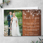 Kalligrafi Heart Wood Burk Ljus Bröllop Tack Kort<br><div class="desc">Modern Snyggt Calligraphy Script with Heart Bride and Groom Bröllop Photo Tackyou Card - Rustic Land Wood with Mason Burk String Ljus</div>