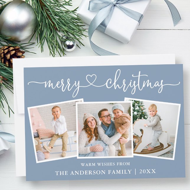 Kalligrafi Hjärt Jul Dusty Blue 3 Foto Julkort (Customize to change your personalized text size or text style.)