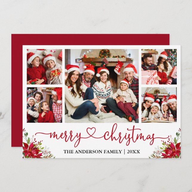 Kalligrafi Hjärt Jul Poinsettia 5 Photo Julkort (Fram/baksida)