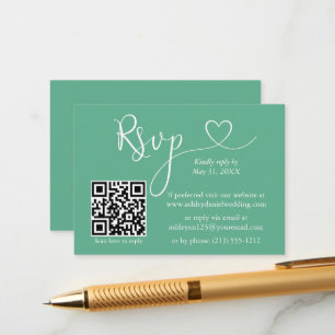 Kalligrafi Hjärtbröllop QR RSVP Neo Mintgrön Tilläggskort