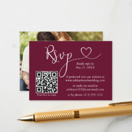 Kalligrafi Hjärtfoto Bröllop Burgunder QR RSVP Tilläggskort