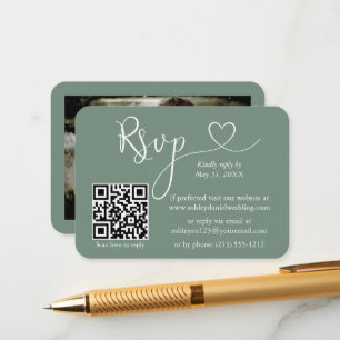 Kalligrafi Hjärtfoto Bröllop Sage Grön RSVP QR Tilläggskort