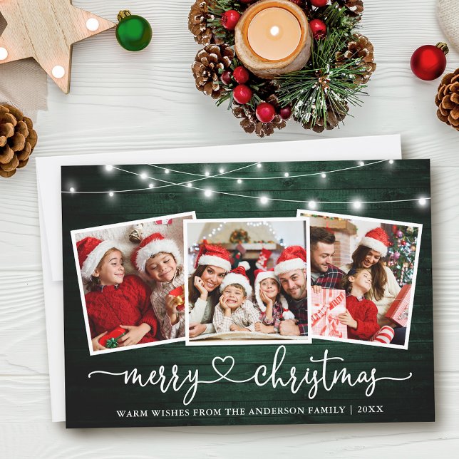 Kalligrafi Hjärtjulens Grönt Wood Ljus Julkort (Customize to add text to back of card.)