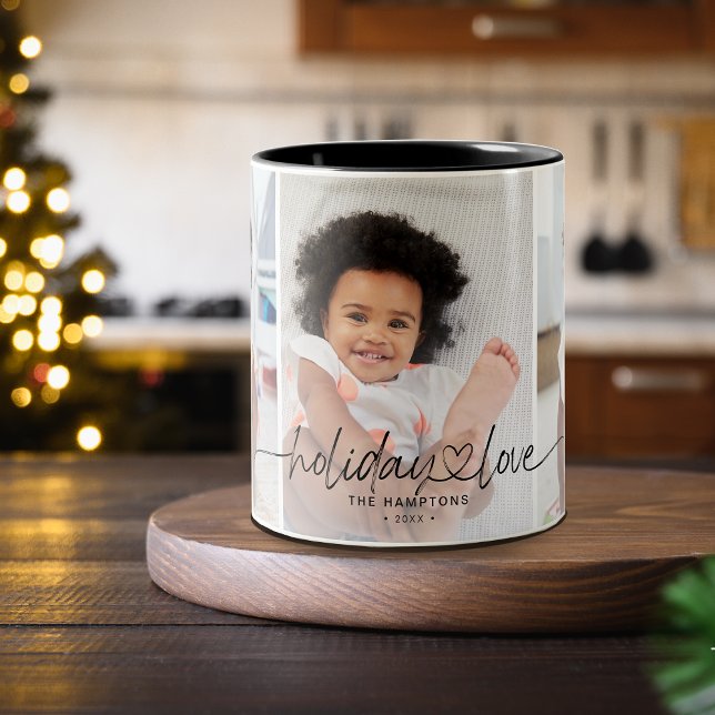 Kalligrafi Holiday Love 3 Bilder Två-Tonad Mugg (Calligraphy Holiday Love 3 Photos Two-Tone Coffee Mug)