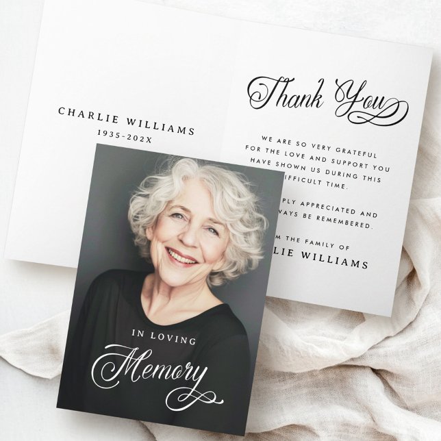 Kalligrafi i foto av minnesbegravning tack kort (Calligraphy in loving memory funeral photo thank you card)