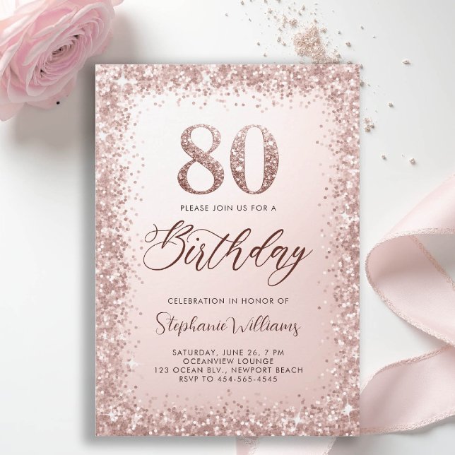 Kalligrafi i glitter Guld, modern 80:e födelsedag Inbjudningar (80th birthday invitation for women her glitter sparkle rose gold elegant glam luxury stylish classy)