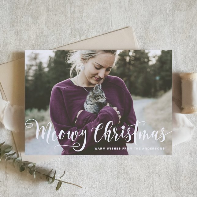 Kalligrafi i Meowy-julet Modern fotokatt Helgkort (Skapare uppladdad)