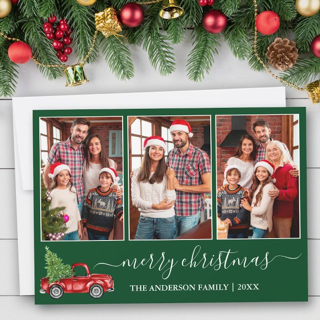 Kalligrafi jul 3 Photo Red Lastbil Grönt Julkort (Customize to add text to back of card.)