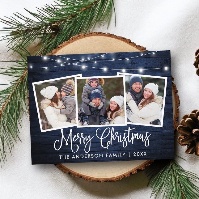 Kalligrafi jul Blue Wood Ljus 3 Photo Vykort (Customize to change your personalized text size or text style.)