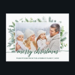 Kalligrafi Jul Gräs Greenery Photo Vykort<br><div class="desc">Modern Elegant Calligraphy Script God jul Watercolor Helgdag Greenery Family Photo Postcard - Grönt Script</div>