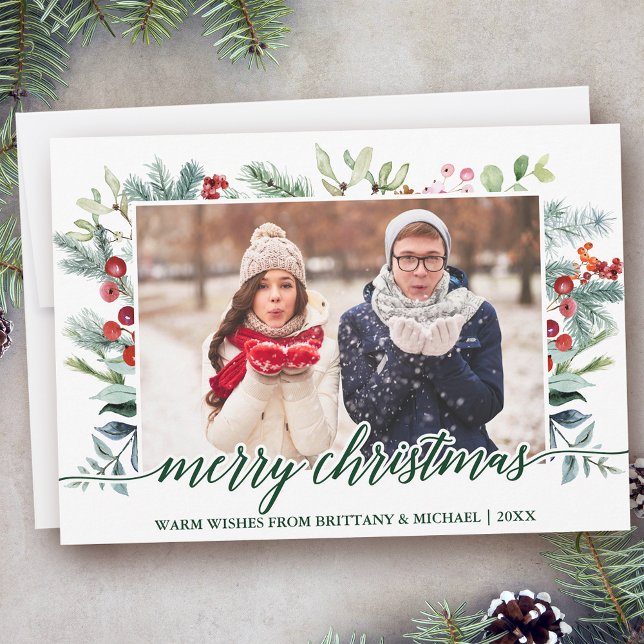 Kalligrafi jul Greenery Couple Photo Grönt Julkort (Customize to change your personalized text size or text style.)