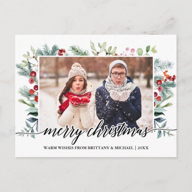Kalligrafi jul Greenery Couple Photo Vykort (Framsida)