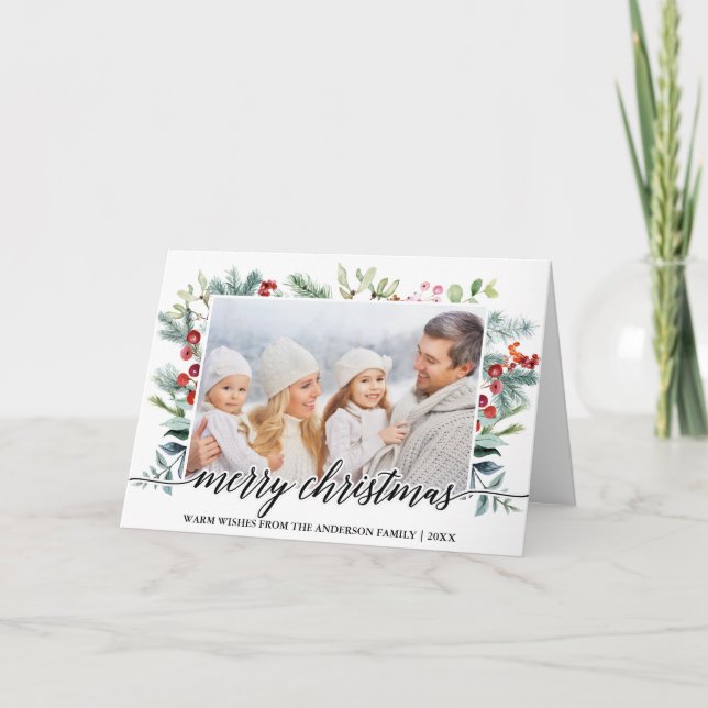 Kalligrafi jul Greenery Family Photo Fold Helgkort (Framsida)