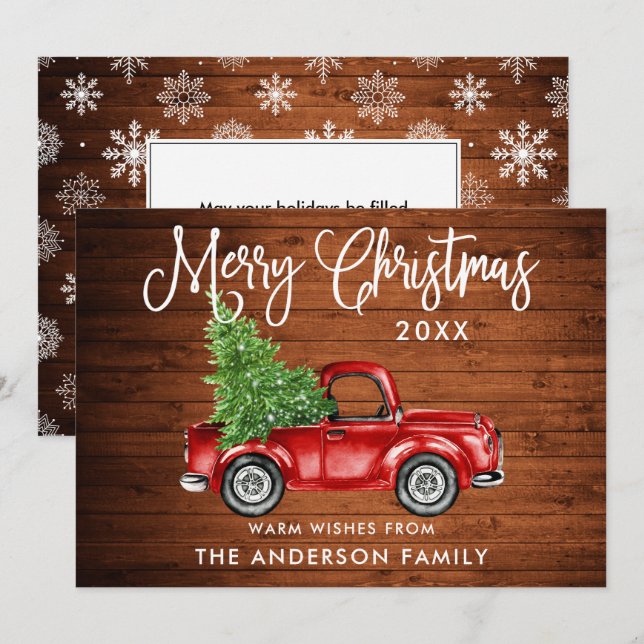 Kalligrafi Jul Lastbil Snöflingor Wood Julkort (Fram/baksida)
