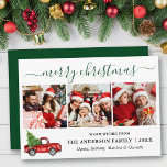 Kalligrafi Jul Red Lastbil 3 Photo Grönt Julkort<br><div class="desc">Modern Calligraphy Script 3 Photo Family Photo Collage God jul Card innehåller Watercolor Vintage Red Lastbil med Träd - Forest Grönt Script</div>