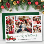 Kalligrafi Jul Red Lastbil 5 Photo Grönt Julkort<br><div class="desc">Modern Calligraphy Script 5 Photo Family Photo Collage God jul Card innehåller Watercolor Vintage Red Lastbil med Träd - Forest Grönt Script</div>