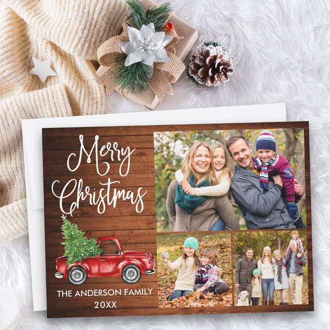 Kalligrafi Jul Red Lastbil Wood 3 Photo Julkort (Customize to add text to back of card.)