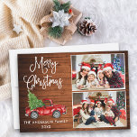 Kalligrafi Jul Vintage Lastbil 2 Photo Wood Julkort<br><div class="desc">Modern Roligt Calligraphy Script God jul 2 Photo Helgdag Card - Watercolor Vintage Red Lastbil med Julgran - Rustic Land Wood</div>