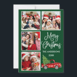 Kalligrafi Jul Vintage Lastbil Grönt 4 Foto Julkort<br><div class="desc">Modern Roligt Calligraphy Script God jul 4 Photo Helgdag Card - Watercolor Vintage Red Lastbil med Julgran - Forest Grönt Background</div>