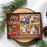 Kalligrafi jul vintage lastbil trä 4 foto vykort<br><div class="desc">Modern rolig kalligrafi skript God jul 4 foto julkort - akvarell vintage röd lastbil med julgran på rustik lantlig trä</div>