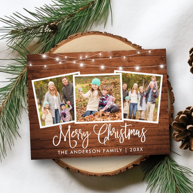 Kalligrafi Jul Wood String Ljus 3 Photo Vykort (Customize to change your personalized text size or text style.)