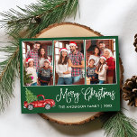 Kalligrafi Juli Vintage Lastbil 3 Photo Grönt Vykort<br><div class="desc">Modern Roligt Calligraphy Script God jul 3 Photo Helgdag Postcard - Watercolor Vintage Red Lastbil med Julgran - Forest Grönt-bakgrund</div>