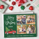 Kalligrafi Juli Vintage Lastbil 4 Photo Grönt Julkort<br><div class="desc">Modern Roligt Calligraphy Script God jul 4 Photo Helgdag Card - Watercolor Vintage Red Lastbil med Julgran - Forest Grönt Background</div>
