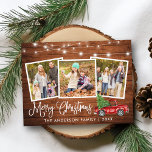 Kalligrafi Juli Vintage Lastbil Wood 3 Photo Vykort<br><div class="desc">Modern Roligt Calligraphy Script God jul 3 Photo Helgdag Postcard - Watercolor Vintage Red Lastbil med Julgran på Rustic Land Wood</div>