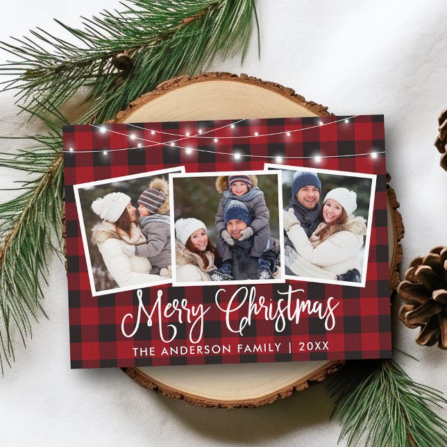 Kalligrafi Julpset String Ljus 3 Foto Vykort (Customize to change your personalized text size or text style.)