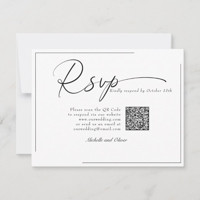 Kalligrafi Klassisk Modern Bröllops QR-kod RSVP OSA Kort (Framsida)
