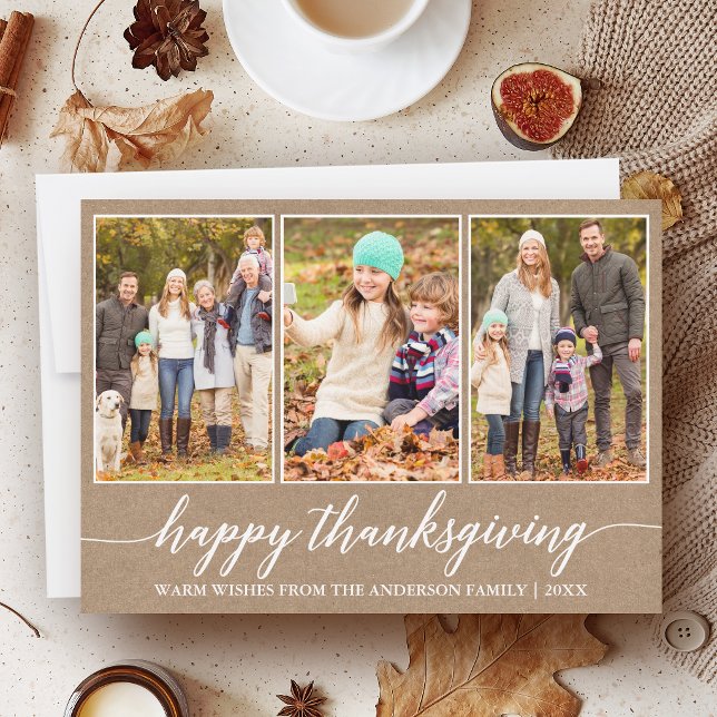 Kalligrafi Kraft 3 Foto Tacksgiving Julkort (Customize to add text to back of card.)