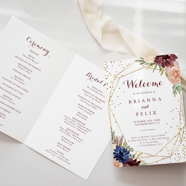 Kalligrafi med geometrisk Guld-Glitter, vägd Bröll Program (Skapare uppladdad)